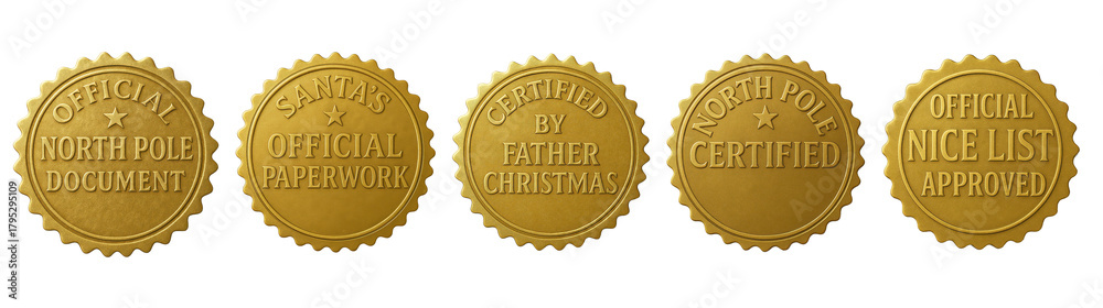 Naklejka premium Official North Pole gold seal set — Santa Claus certified Christmas stamps and nice list stickers