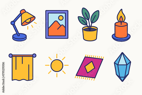 Vibrant Atmosphere Icons. Positive Atmosphere flat icons: bright lamp, framed art, potted plant, candle flame, curtain, sunshine, rug, crystal.