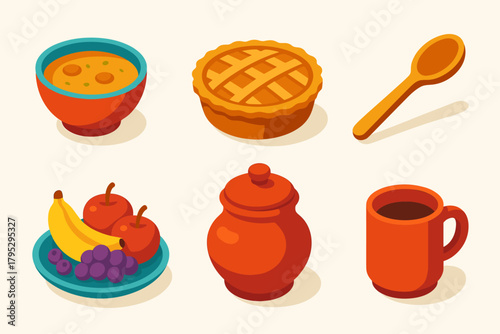 Festive Dinner Icons. Orthodox Christmas Dinner flat icons: soup bowl, pie, wooden spoon, clay pot, fruit plate, mug.