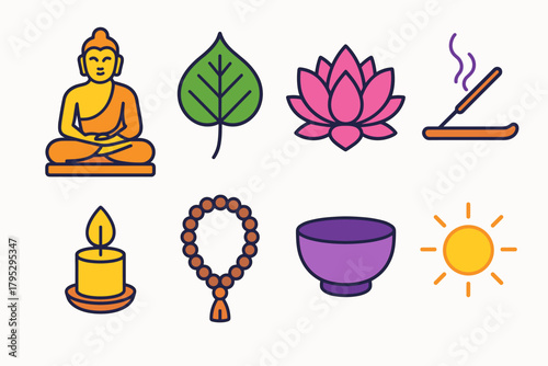 Enlightenment Altar Icons. Enlightenment Altar flat icons: Buddha statue, Bodhi leaf, lotus bloom, incense holder, candlelight, prayer beads, bowl, sacred light.