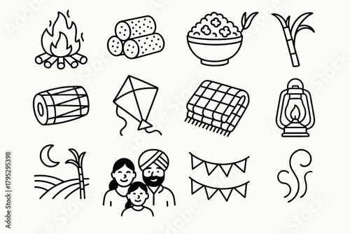 Lohri Festival Icons. Lohri Warm Gathering linear icons: burning firewood, sesame sweets, popcorn bowl, sugarcane stalk, drum beats, colorful kite, wool blanket, lantern light.