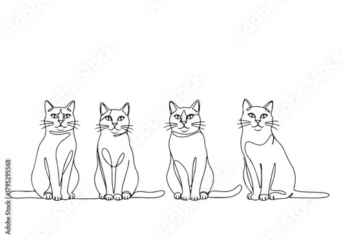 Graceful group of four domestic cats captured in a fluid continuous line drawing on a clean background