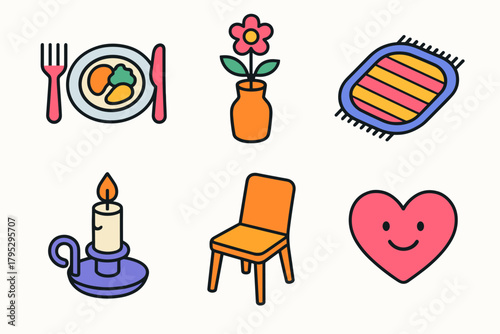Cozy Home Essentials. Home Joy flat icons: simple meal, flower vase, cozy rug, candle holder, chair, smiling heart.