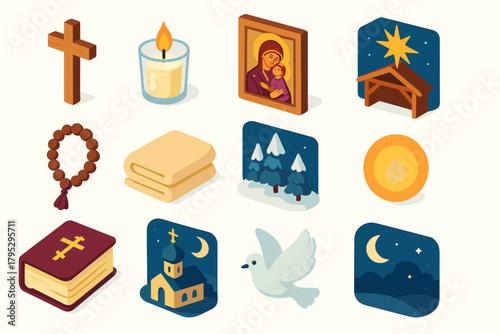 Serene Nativity Icons. Orthodox Nativity Serenity flat icons: wooden cross, candle in glass, icon painting, star over stable, prayer beads, soft blanket, snowy forest, warm light.
