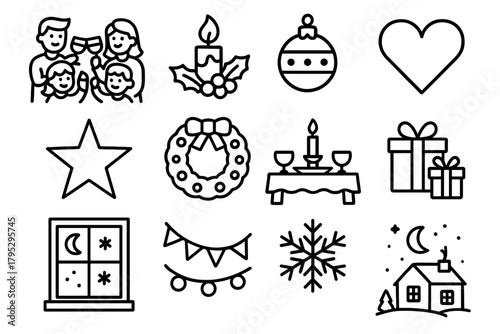 Festive Family Icons. Joyful Christmas Unity linear icons: family toast, candlelight, tree ornaments, heart, star, wreath, festive table, gifts, glowing window, garland, snowflake.