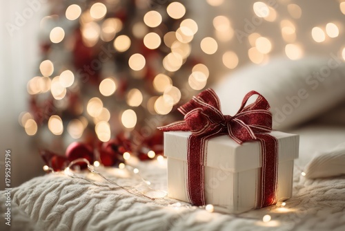 Cozy holiday room with bokeh lights, decorated tree, and a gift wrapped in white paper and red ribbon