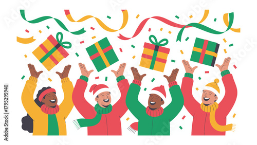 Foto Joyful Gift Exchange: A vibrant illustration showcasing a group of friends celebrating a festive occasion by tossing wrapped gift boxes into the air amidst colorful confetti