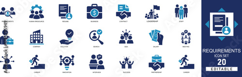 Requirements and recruitment icon set featuring resume, job hiring, skills, leadership, interview, company, and business concepts. Perfect for HR, employment, staffing, and corporate projects.
