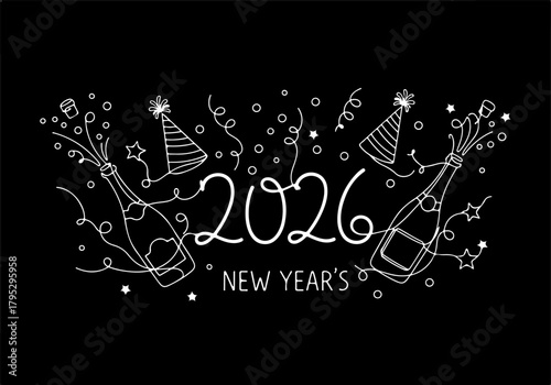 Festive continuous line drawing New Year's 2026 celebration with champagne and party elements
