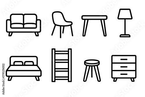 Modern Furniture Icons. Modern Furniture linear icons: sofa, chair, table, lamp, bed, shelf, stool, drawer.