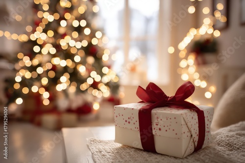 Cozy holiday room with bokeh lights, decorated tree, and a gift wrapped in white paper and red ribbon