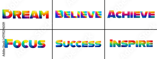 Foto 3D Rainbow Gradient Power Words - Dream, Believe, Achieve, Focus, Success, Inspi