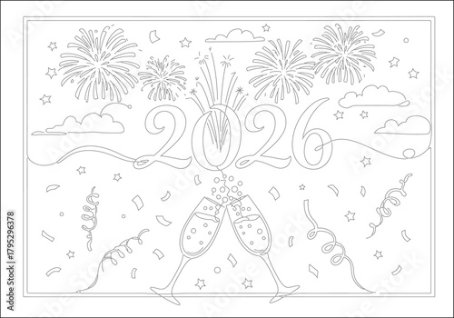 Dynamic continuous line drawing of 2026 New Year's Eve party with champagne and fireworks
