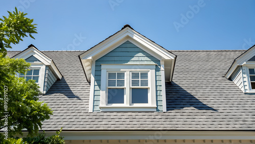 Roof shingles with garret house on top of the house among a lot of trees. dark asphalt tiles on the roof background