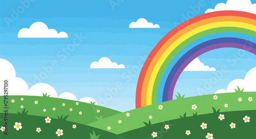 Whimsical cartoon illustration of a fantasy landscape with a vibrant rainbow arching over rolling green hills and a meadow