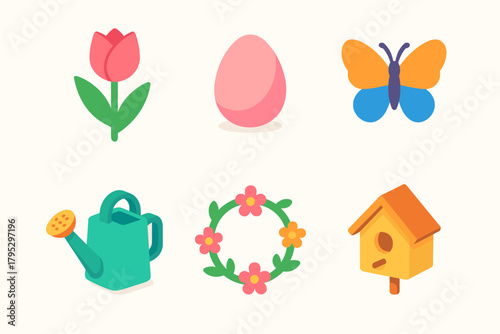 Spring Icon Set. Spring Bloom flat icons: tulip, pastel egg, butterfly, watering can, floral wreath, birdhouse.