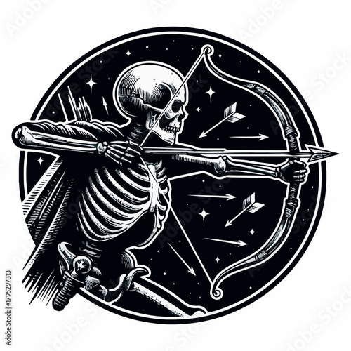 Human skeleton archer logo engraving design vector artwork illustration