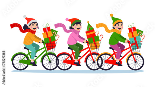 Joyful Ride: A trio of delighted children on brightly colored bicycles, laden with festive gifts and decorations, embarking on a Christmas adventure, their faces lit with anticipation.