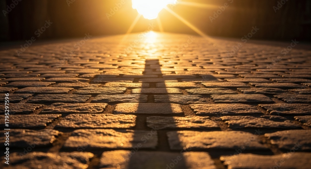 Obraz premium Faiths Shadow Cross silhouette on cobblestone path bathed in golden sunset.