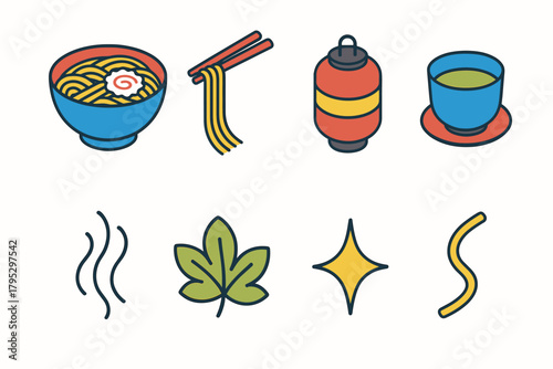 Omisoka Soba Icon Set. Omisoka Toshikoshi Soba flat icons: soba bowl, chopsticks, steam, lantern, tea cup, garnish leaf, sparkle, noodle strand.