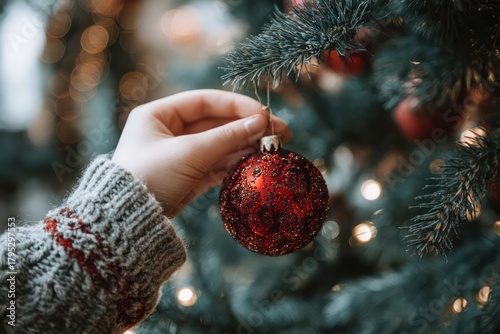 Festive close-up of a hand adding a shiny red ornament to a decorated Christmas tree