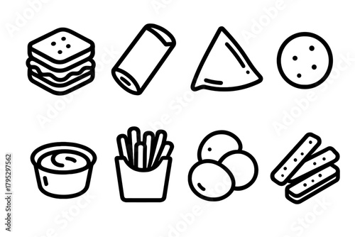 Finger Food Icons. Finger Foods Set linear icons: mini sandwich, spring roll, samosa, meatball, sauce cup, fries, chips, cheese sticks.