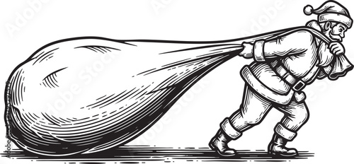 Vintage vector engraving illustration of Santa Claus pulling large sack with gifts isolated on transparent background, detailed monochrome and outline artwork symbolizing Christmas giving spirit