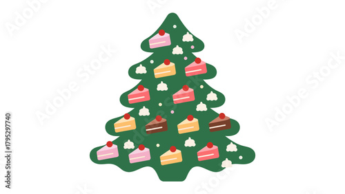 Christmas tree cake slices: A whimsical Christmas tree, adorned with delicious cake slices, evokes the festive spirit of the season. A delightful image of sweet treats for the holidays.