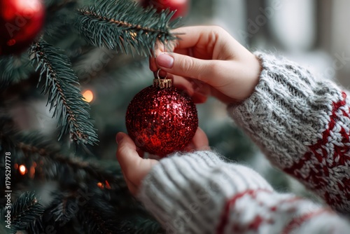 Festive close-up of a hand adding a shiny red ornament to a decorated Christmas tree