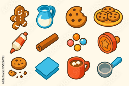 Cookie & Milk Icons. Cookie & Milk Treats flat icons: gingerbread cookie, milk jug, cookie bite, plate of cookies, frosting tube, cinnamon stick, candy topping, cookie stamp.