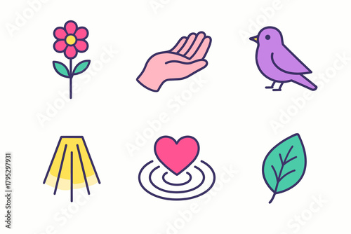 Minimalistic Icon Set. Gentle Gestures flat icons: flower stem, open palm, bird, light beam, heart ripple, peaceful leaf.