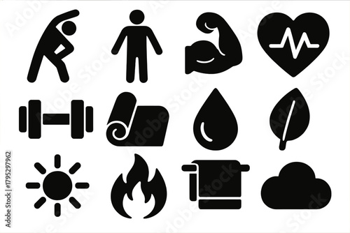 Brutalist Fitness Icons. Physical Awareness silhouette icons set: stretching person, body outline, muscle icon, heartbeat, dumbbell, yoga mat, water droplet, leaf, sun, flame.