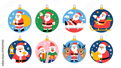 Festive Ornament Collection: A delightful collection of holiday ornaments features a jolly character in various cheerful scenarios, creating a visual celebration of the festive season.