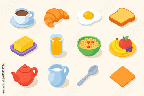 Vibrant Breakfast Icons. Morning Breakfast flat icons: coffee cup, croissant, fried egg, toast slice, butter dish, orange juice glass, cereal bowl, fruit plate, teapot, milk jug.