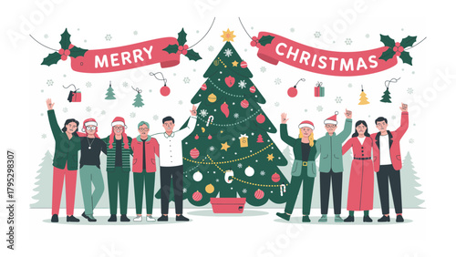 Festive Gathering: A joyful group of diverse individuals celebrates the holiday season with a decorated Christmas tree and festive decorations, embodying the spirit of togetherness and cheer.