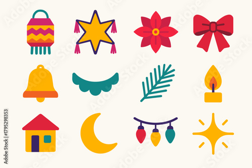 Decoraciones Posadas Isométricas. Las Posadas Street Decorations flat icons: paper lantern, star piñata, poinsettia flower, ribbon bow, bell, garland, pine sprig, candle flame.