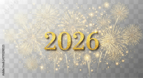 Festive fireworks explode in a vibrant display, as the year 2026 shimmers, set against a transparent backdrop, symbolizing new beginnings. vector illustration
