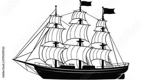 A black and white silhouette illustration of a tall sailing ship with three masts.  
