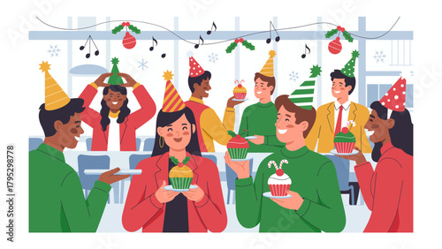 Office Festive Gathering: Colleagues, adorned in festive attire, share cupcakes, laughter, and seasonal cheer, fostering unity during a joyous holiday celebration.