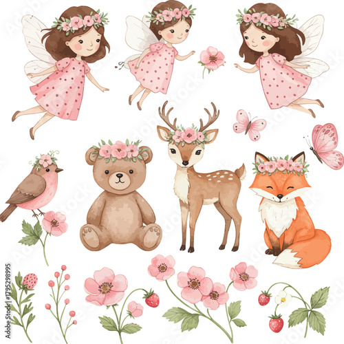Watercolor woodland fairies and animals with flowers