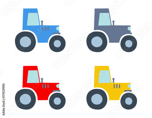 Wheeled tractor set isolated on a white background. Colored icon, vector illustration. Hand drawn color tractors, childish toy.