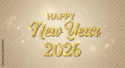 A shimmering, gold-textured Happy New Year 2026 greeting sparkles against a soft, neutral backdrop, creating a sense of joy and anticipation for the coming year.  vector illustration