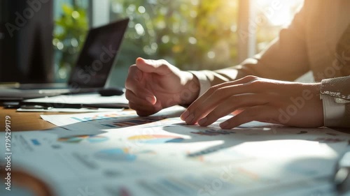 Business person hands analyzing financial charts and reports on desk with sunlight from window