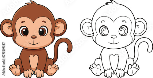 Cute Cartoon Baby Monkey Character and Outline Vector Illustration