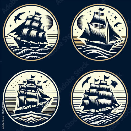 Viking ship logo engraving style design template vintage