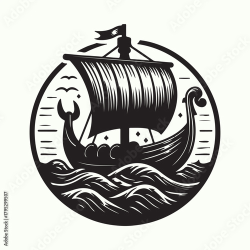 Viking ship logo engraving style design template vintage