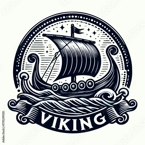 Viking ship logo engraving style design template vintage