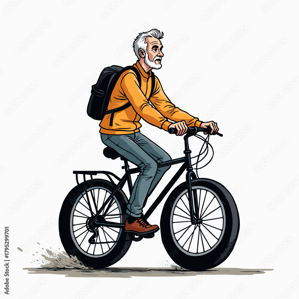 Naklejka premium Elderly man riding a bicycle with backpack on urban background 