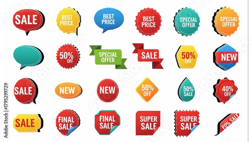 Sale Offer Badge Sticker Icons Set – Colorful Discount Price Labels, Promo Marketing Retail Tags Collection