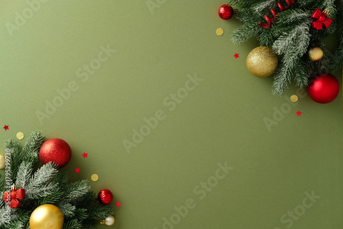 Festive double corner border with snowy fir branches, red and gold Christmas ornaments, and confetti on an green background. Excellent for holiday flyer or social media design.